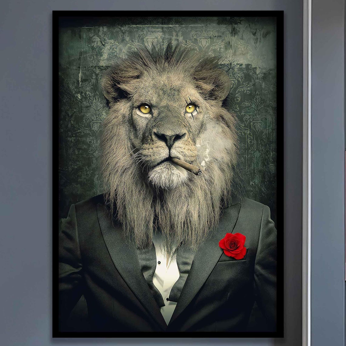 Gangster Lion In Tuxedo With Cigar Red Rose Funny Office Wall Art