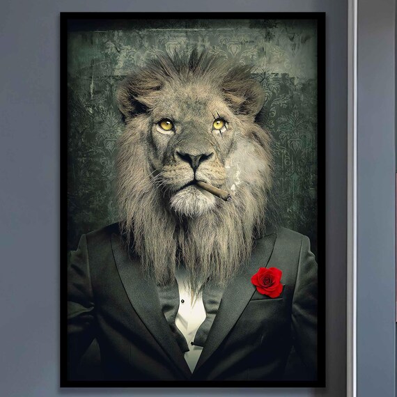 Gangster Lion In Tuxedo With Cigar Red Rose Funny Office Wall Art