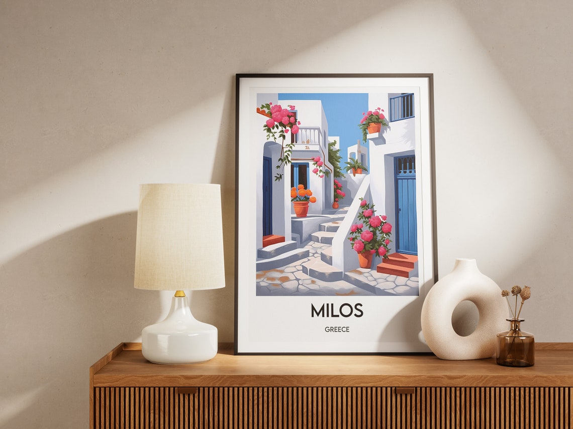 Milos Whitewashed Alley Bougainvillea Greece Island Poster Art - Image 2