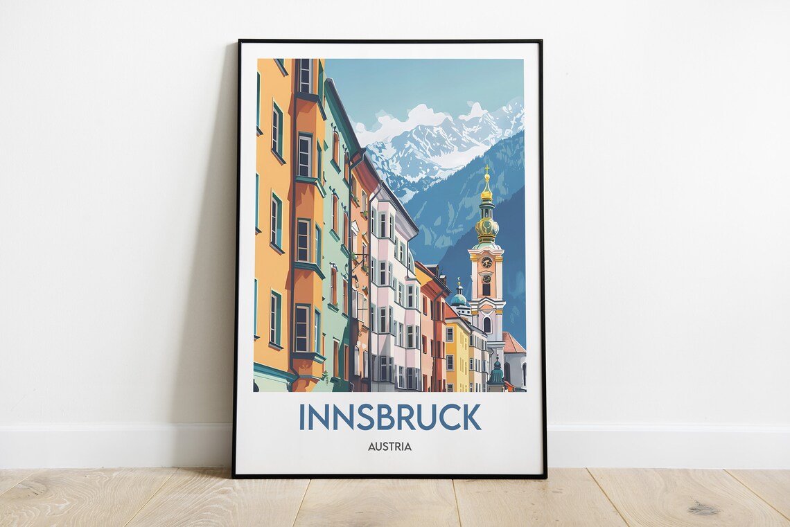 Innsbruck Old Town Row Houses Alpine Peaks Austria Travel Poster