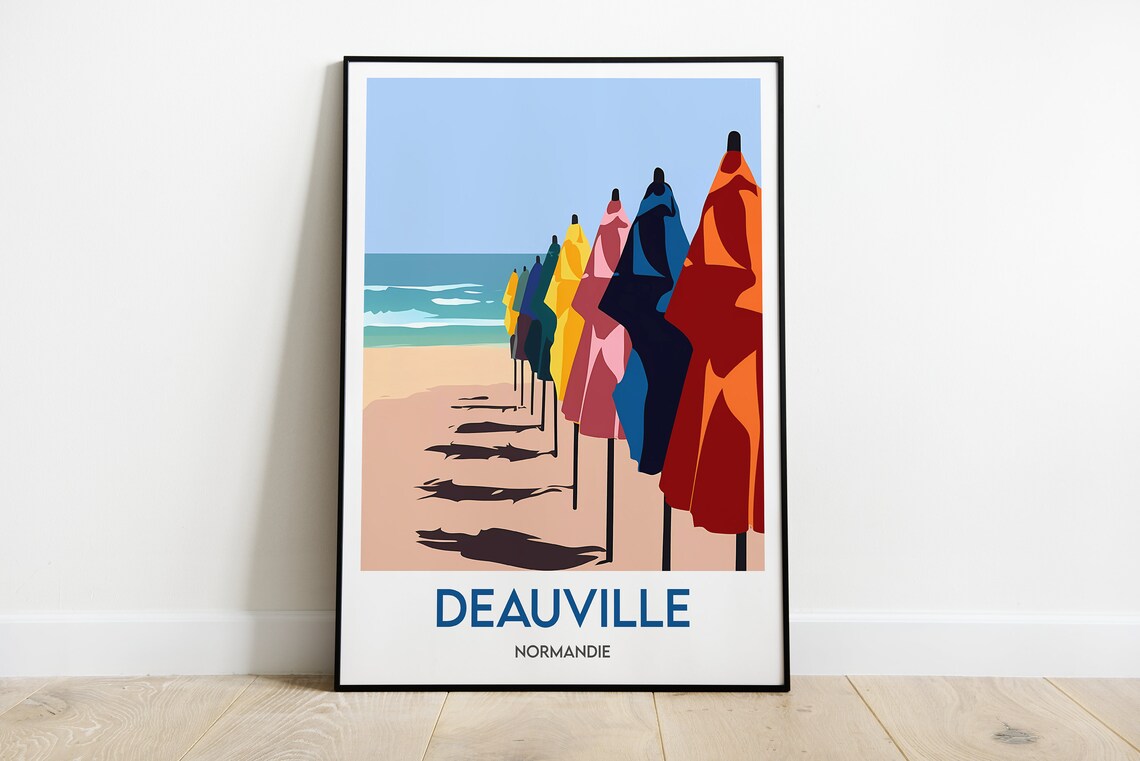 Deauville Normandie Beach Parasols Colorful Minimalist Travel Poster