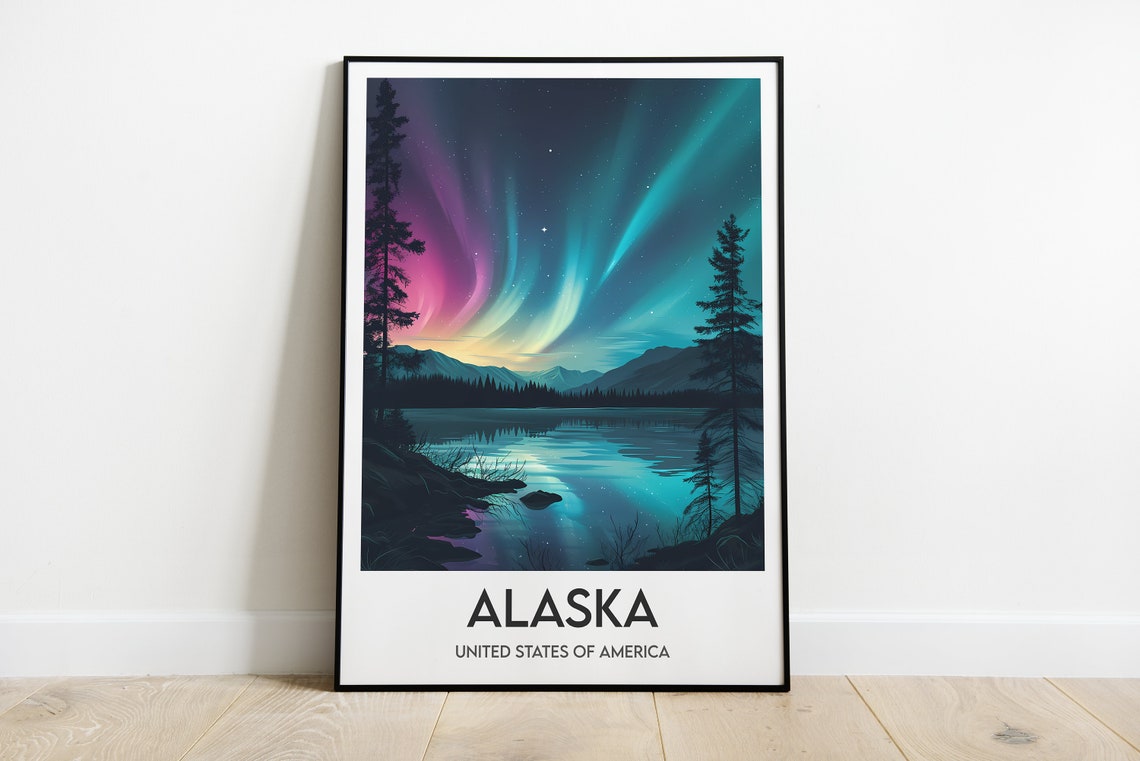 Alaska Aurora Borealis Starry Night Lake Reflection Travel Poster