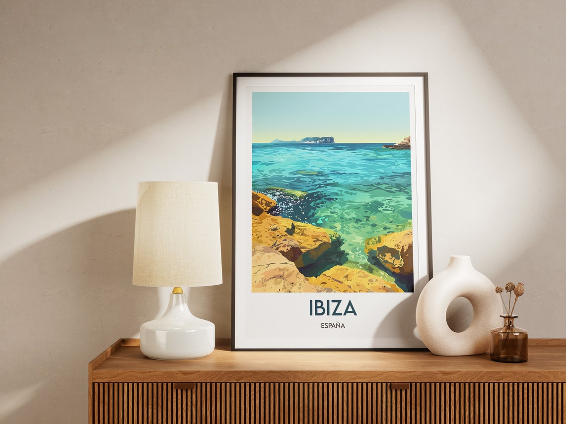 Ibiza Rocky Cove Clear Turquoise Water Island Spain Travel Poster - Image 2