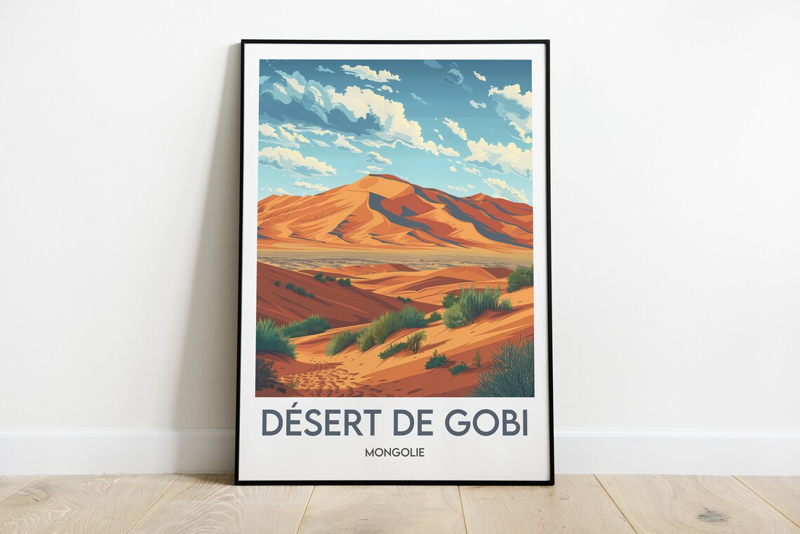 Gobi Desert Mongolia Orange Sand Dunes Vintage Travel Poster