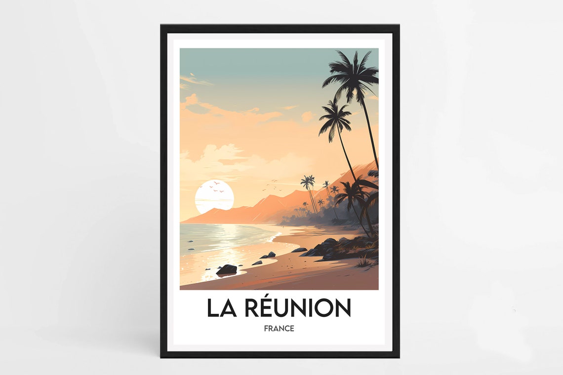 Reunion Island France Tropical Beach Sunset Palm Silhouette Poster