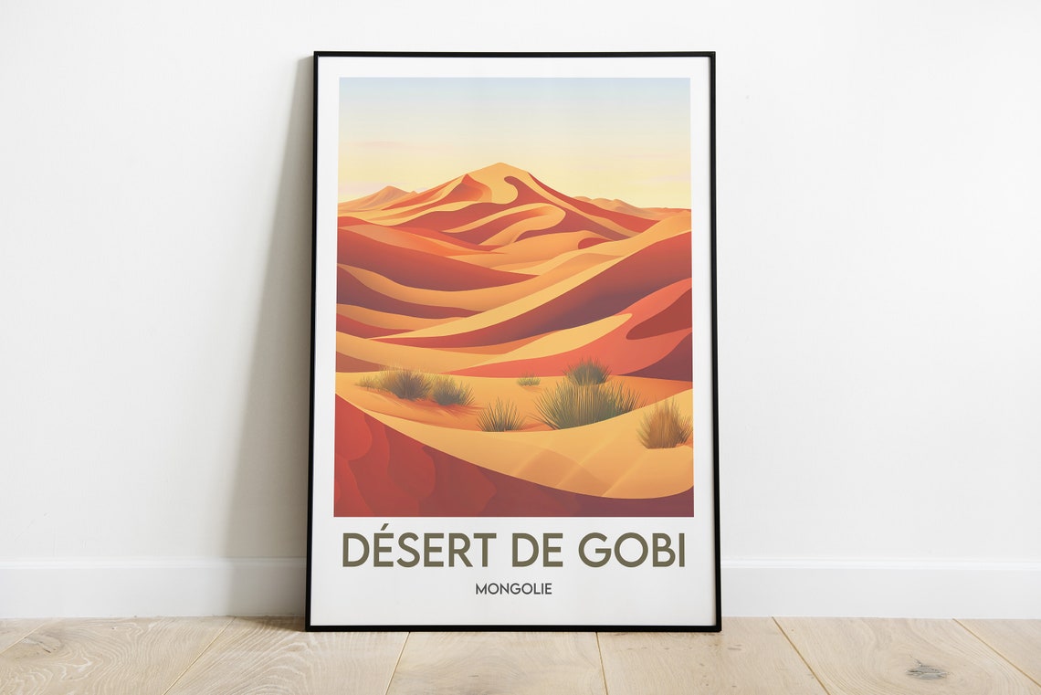 Gobi Desert Mongolia Layered Red Dunes Sunset Vintage Travel Poster