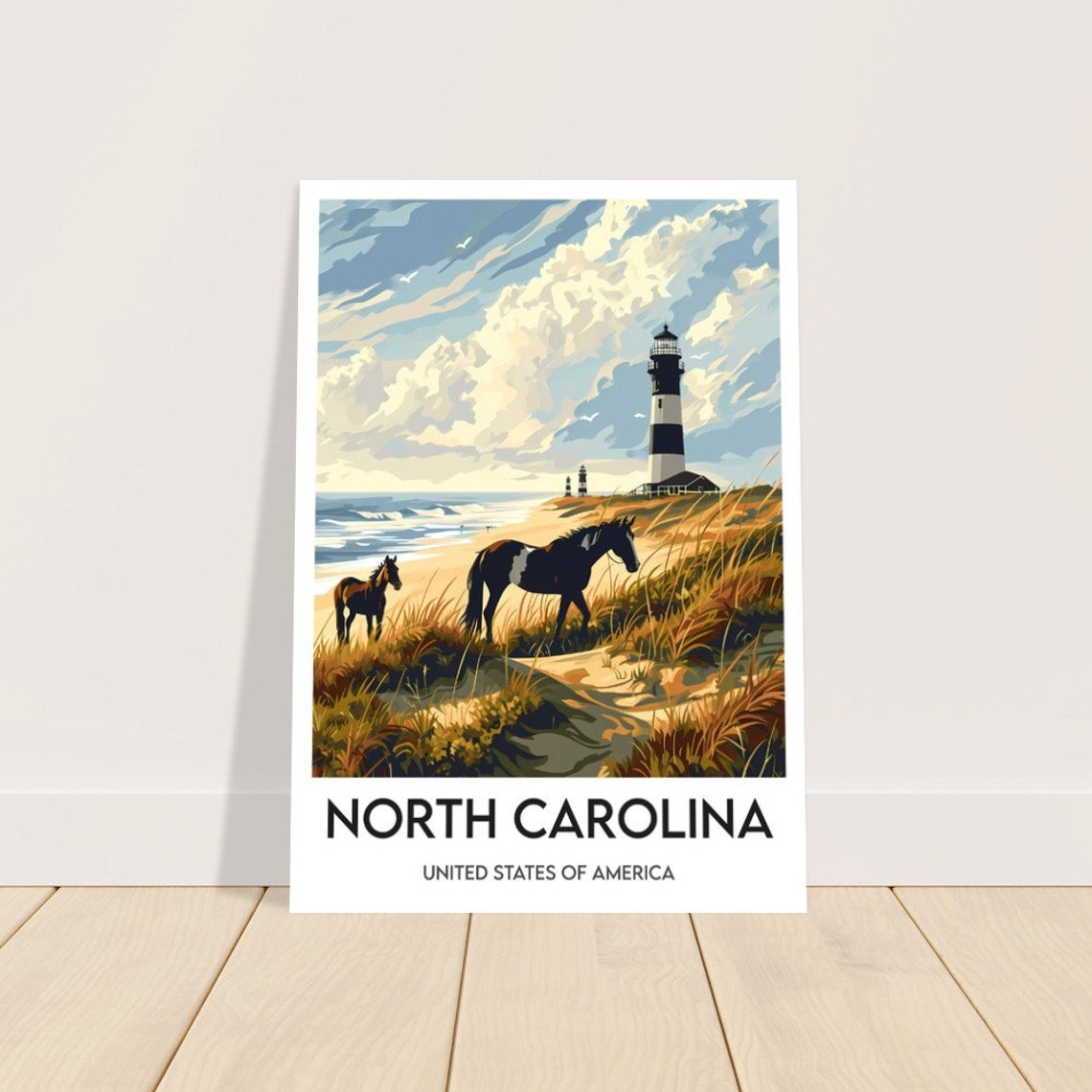 North Carolina Wild Horses Lighthouse Beach Illustration Travel Poster - Image 2