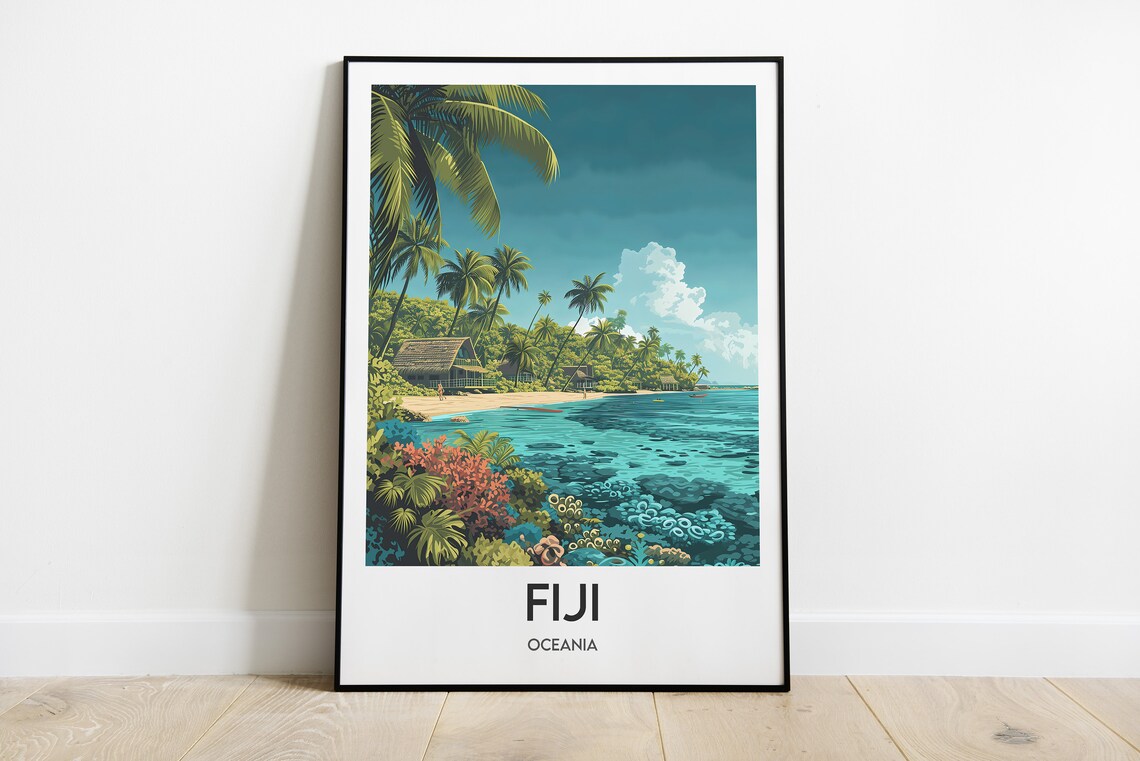 Fiji Oceania Travel Poster, Paradise Islands Illustration
