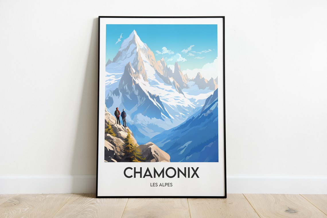 Chamonix French Alps Hikers Glacier Summit Viewpoint Travel Poster