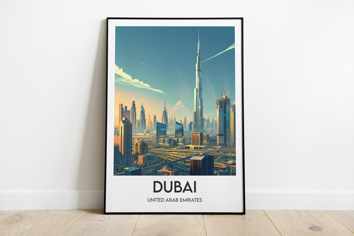 Dubai United Arab Emirates Burj Khalifa Sunset Skyline Travel Poster