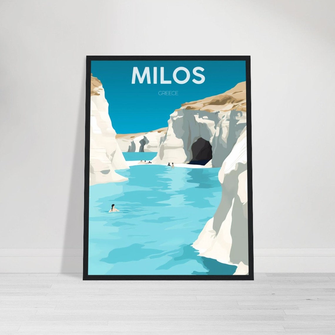 Milos Greece Minimalist White Cliffs and Turquoise Sea Travel Poster