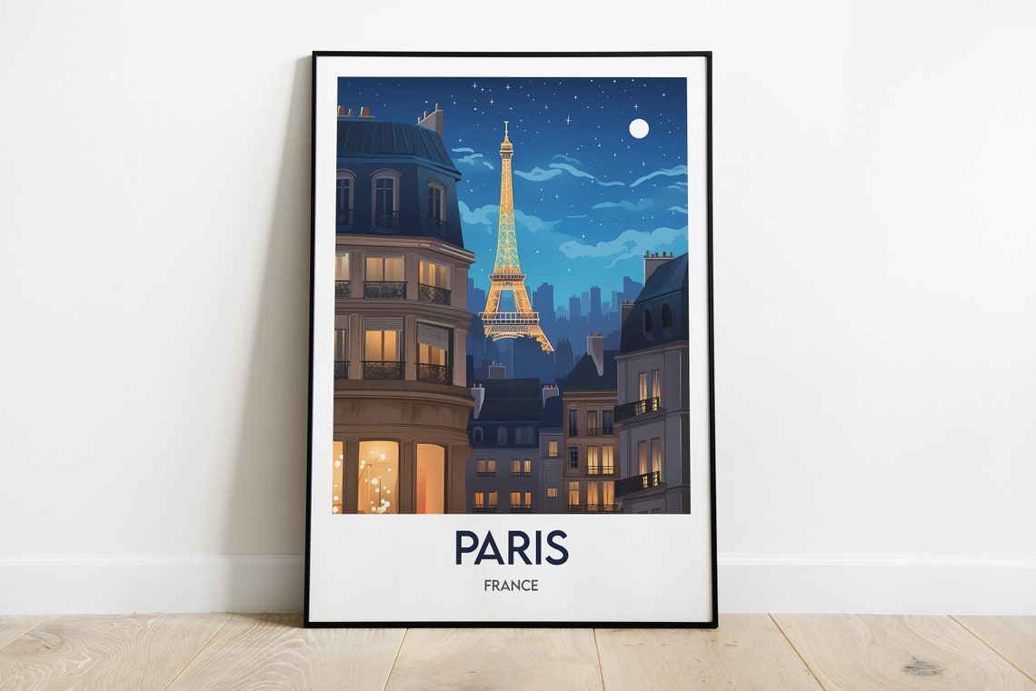 Paris France Eiffel Tower Night Rooftops Moonlight Travel Poster