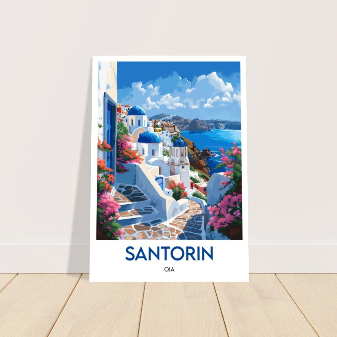 Santorin Oia Stone Alley Bougainvillea Blue Domes Classic Poster - Image 2