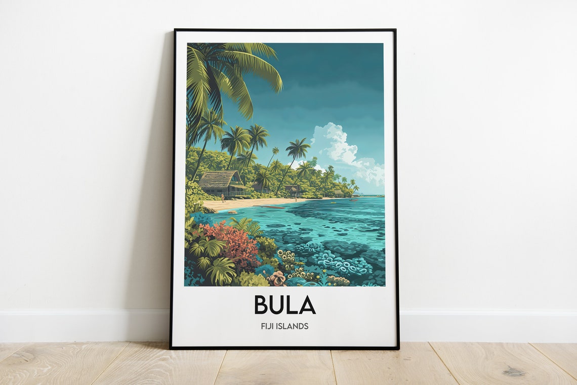 Bula Fiji Islands Tropical Beach Coral Reef Palms Travel Poster
