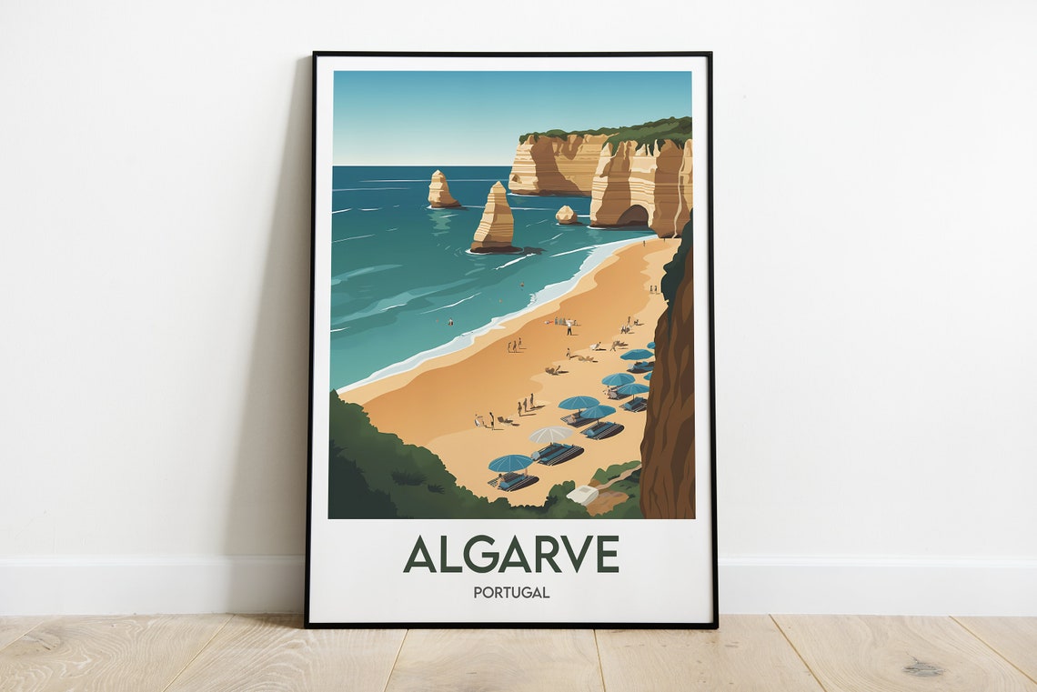 Algarve Portugal Sea Stacks Golden Beach Umbrellas Cliff Travel Poster