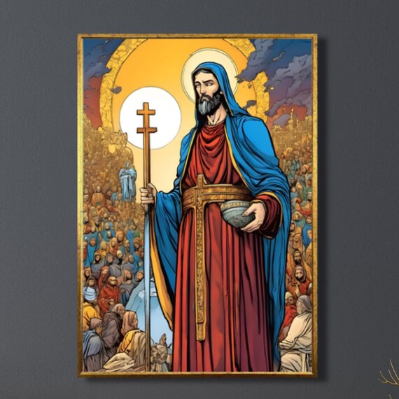 Saint Figure With Cross Staff Moonlit Crowd Religious Poster