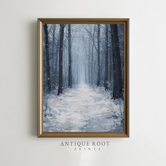Snowy Forest Pathway Winter Painting Rustic Farmhouse Decor Moody Impressionist Art Serene Landscape Wall 99