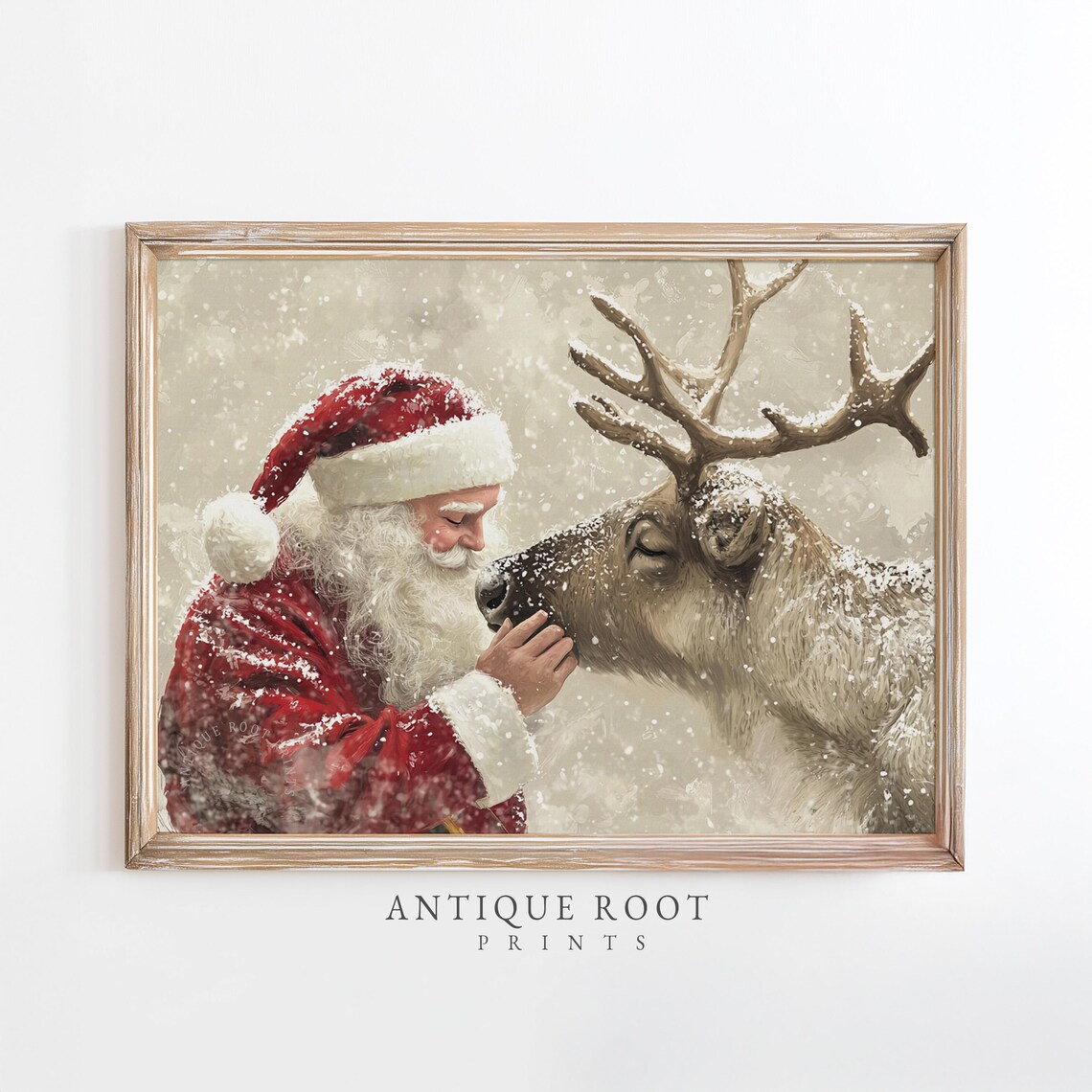 Santa Claus Kissing Reindeer Snowy Vintage Christmas Scene Painting Poster