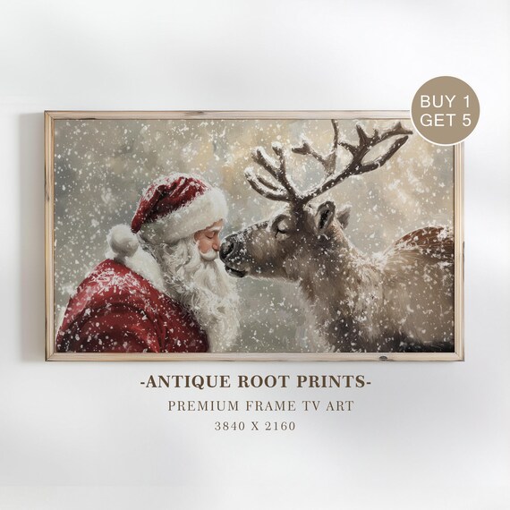 Santa Nuzzling Reindeer Gentle Snowfall Vintage Christmas Poster