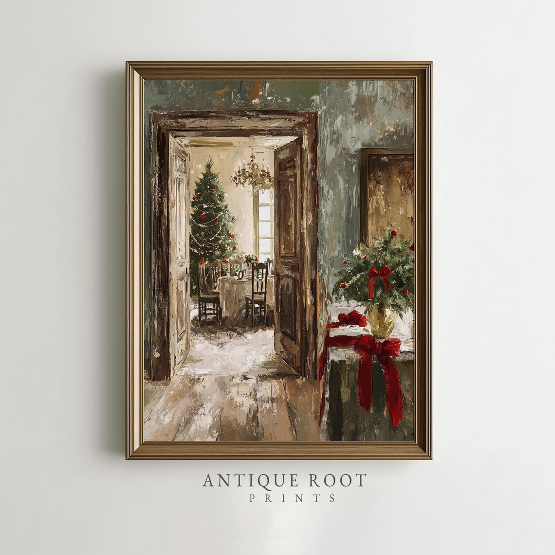 Cozy Christmas Dining Room Tree Red Bows Vintage Holiday Poster