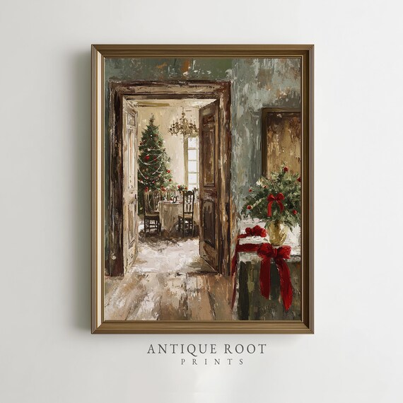 Cozy Christmas Dining Room Tree Red Bows Vintage Holiday Poster