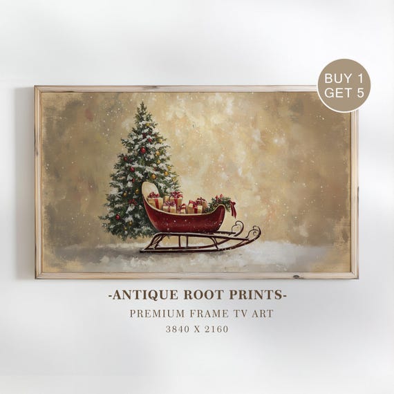 Vintage Sleigh Samsung Frame Tv Art Cozy Holiday Decor Classic Red With Gifts Beside Evergreen Tree 25