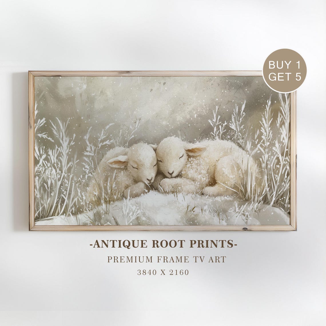 Sleeping Lambs Snowy Winter Field Cozy Rustic Painting Poster