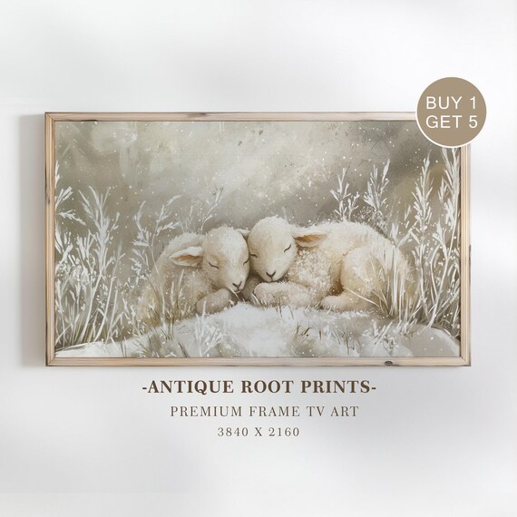 Sleeping Lambs Snowy Winter Field Cozy Rustic Painting Poster