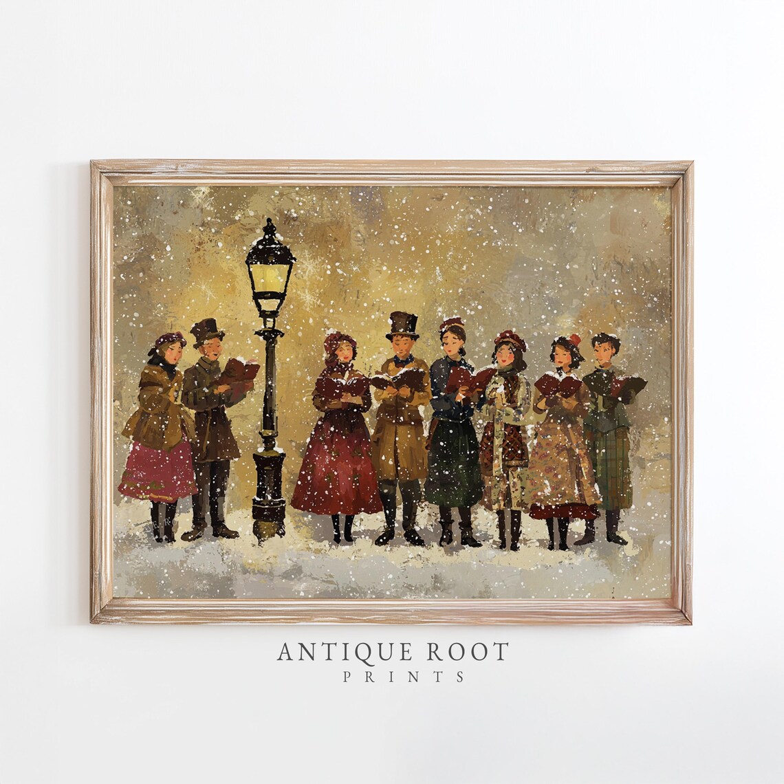 Victorian Carolers Singing In Snow Lamppost Vintage Christmas Print