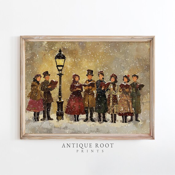 Victorian Carolers Singing In Snow Lamppost Vintage Christmas Print