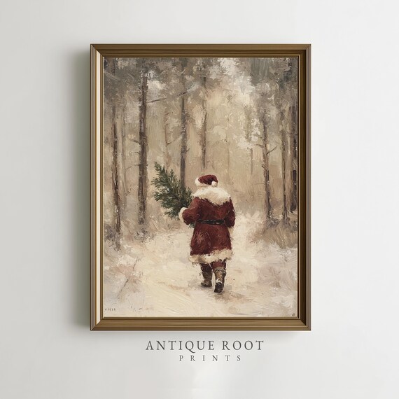 Santa Walking Through a Snowy Forest Carrying a Christmas Tree Poster