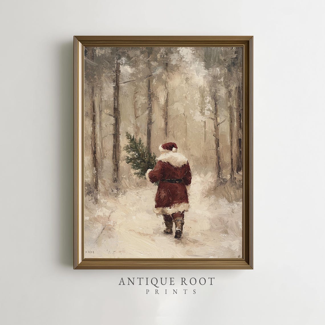 Santa Walking Through a Snowy Forest Carrying a Christmas Tree Poster
