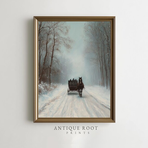 Winter Wall Art Horsedrawn Sleigh Scene Moody Vintage Impressionist Painting Cozy Decor 233