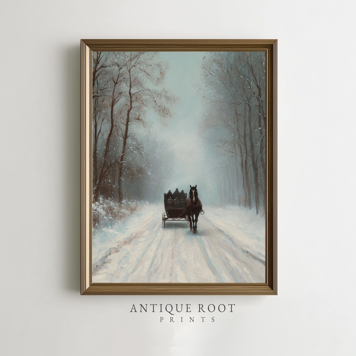 Horse Drawn Sleigh In Snowy Forest Moody Vintage Winter Poster