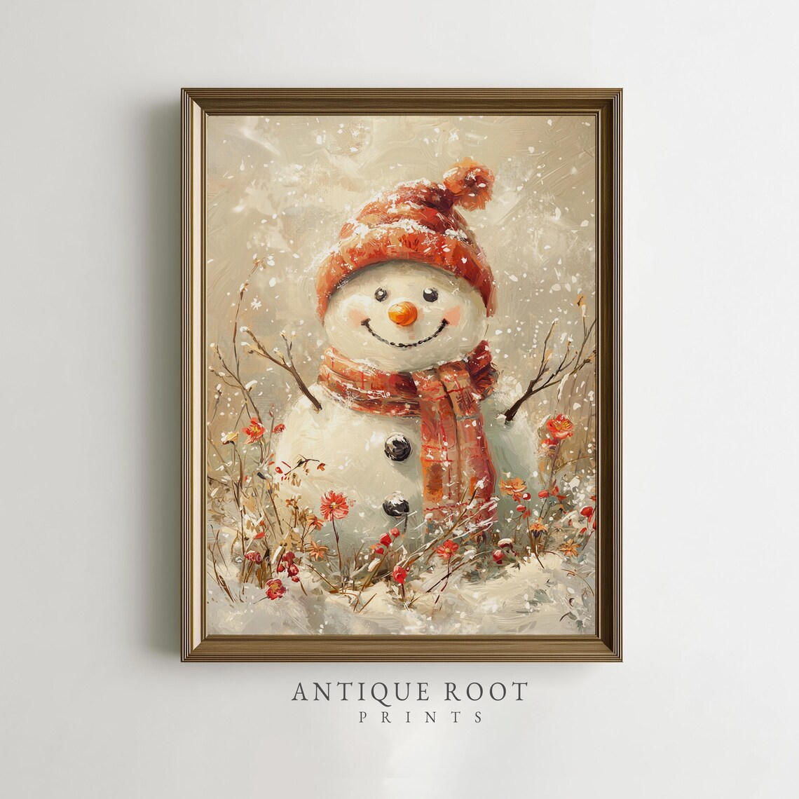 Cheerful Snowman With Red Hat and Scarf Vintage Winter Wall Art