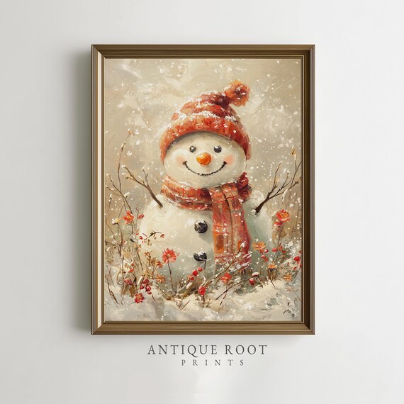 Cheerful Snowman With Red Hat and Scarf Vintage Winter Wall Art