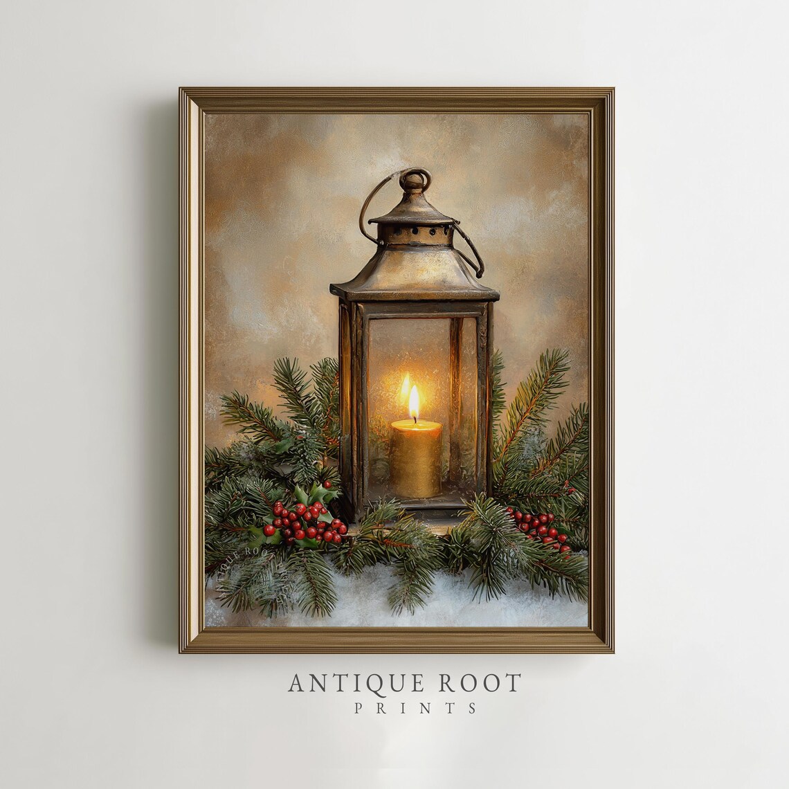 Vintage Lantern Candle Pine Boughs Berries Winter Art Poster