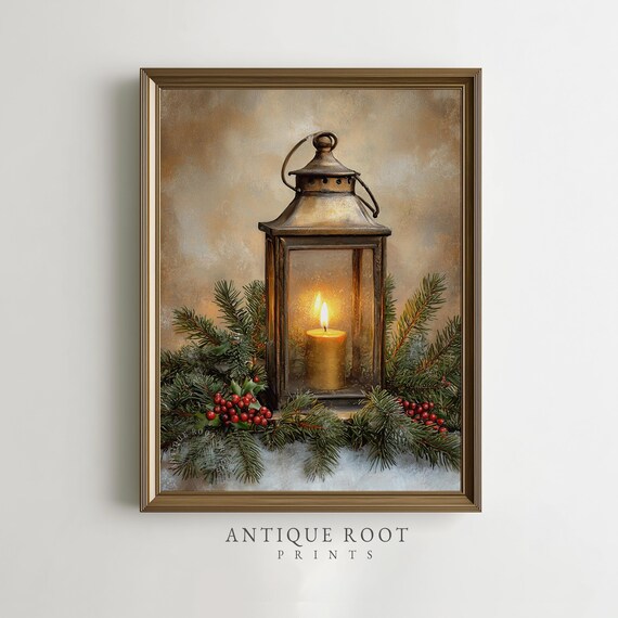 Vintage Lantern Candle Pine Boughs Berries Winter Art Poster