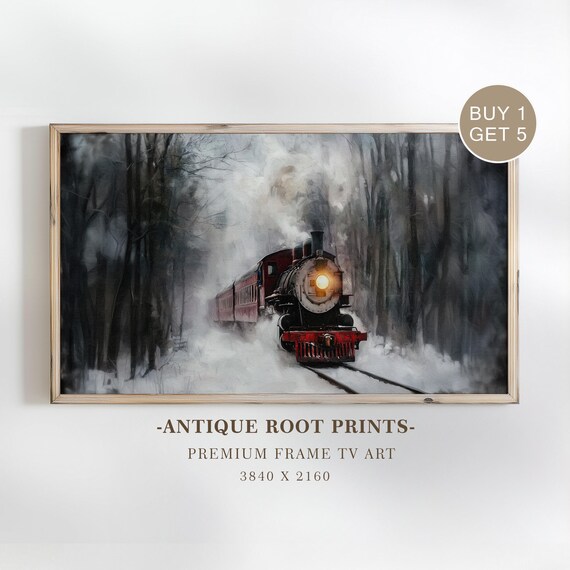 Moody Steam Locomotive Samsung Frame Tv Art Vintage Winter Forest Painting Cozy Living Room Decor 7