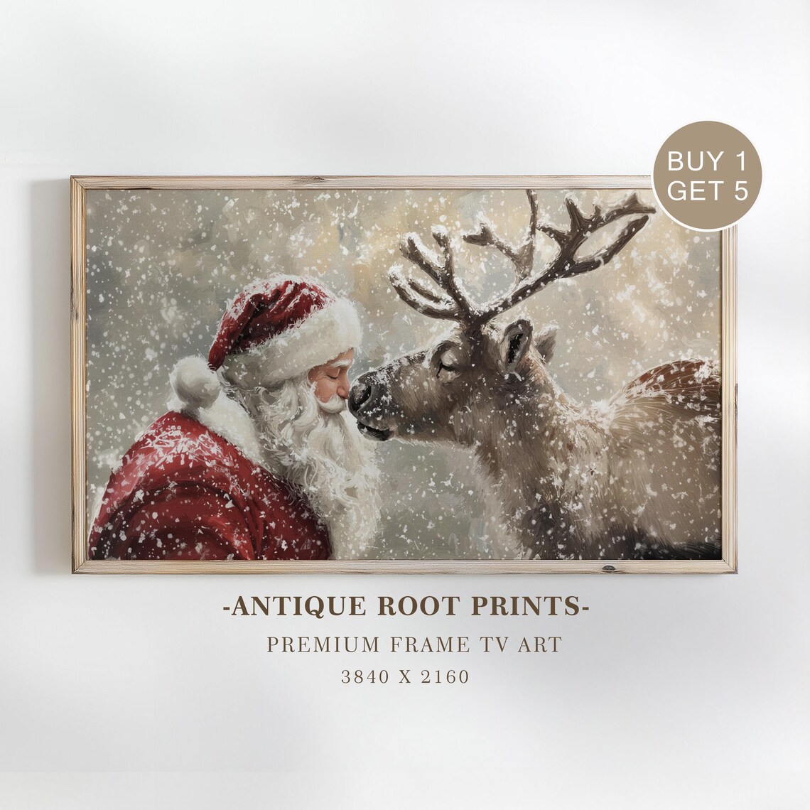 Santa Claus Reindeer Snowfall Tender Moment Christmas Painting Print