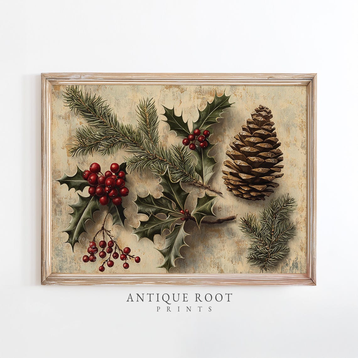 Christmas Pine Cone Botanical Print Vintage Festive Wall Art Rustic Holiday Farmhouse Decor Winter Scene 125