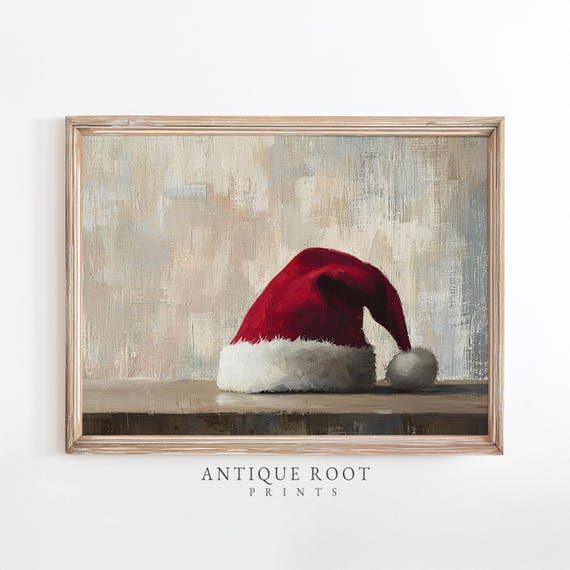Santa Hat On Table Rustic Oil Painting Festive Vintage Still Life Art Cozy Christmas Wall Decor Minimalist Holiday 44