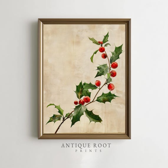 Holly Branch With Red Berries Art Vintage Botanical Wall Decor Festive Farmhouse Watercolor Rustic Winter Home Print 188