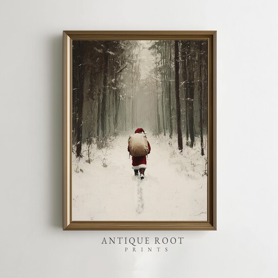 Santa Walking Into Snowy Forest With Gift Sack Impressionist Poster