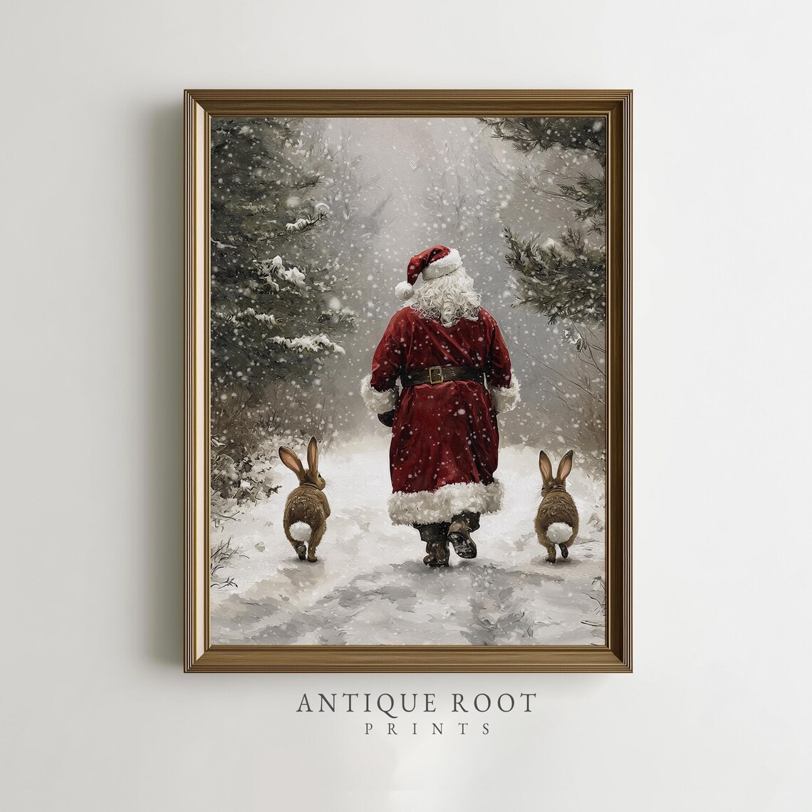 Santa Walking With Two Bunnies On Snowy Woodland Path Poster