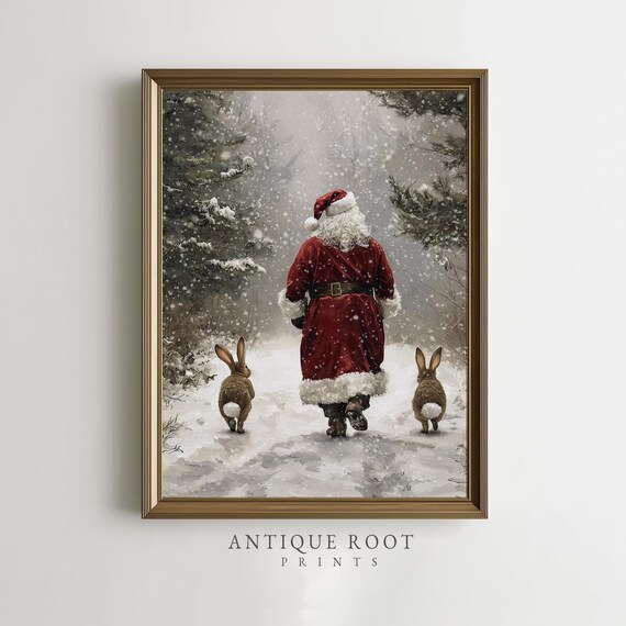 Santa Walking With Two Bunnies On Snowy Woodland Path Poster