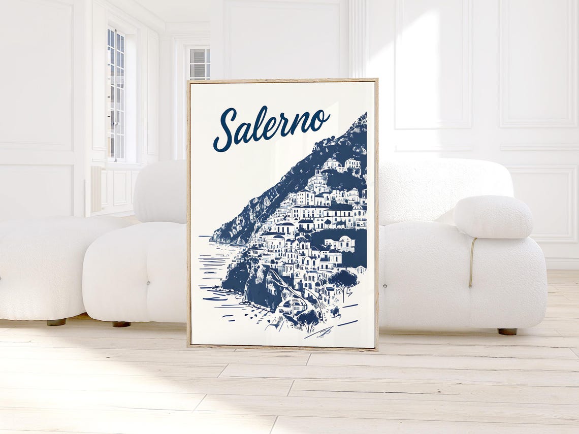 Salerno Italy Navy Script Amalfi Coast Town Retro Travel Poster