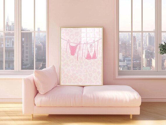 Pink Bikini Clothesline Preppy Coastal Beach Dorm Room Poster