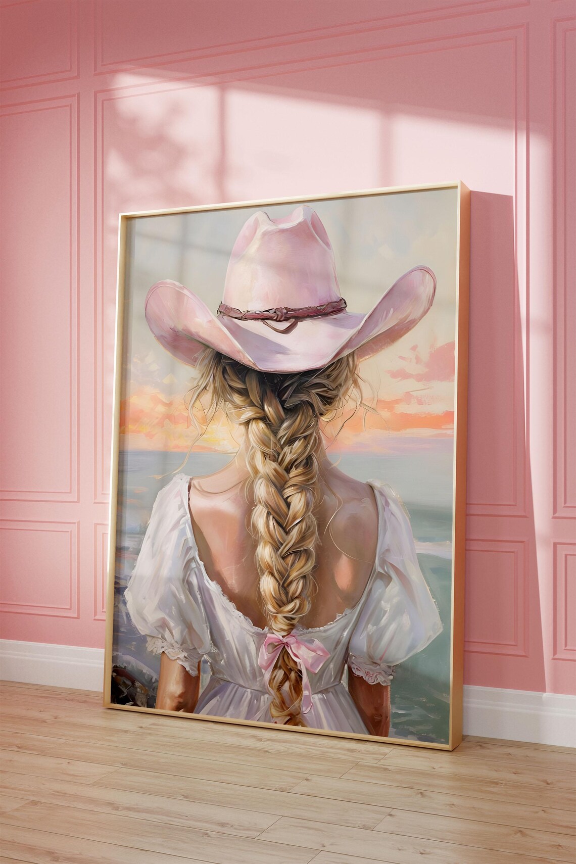 Coastal Cowgirl Pink Hat Braided Hair Ocean Sunset Decor Poster