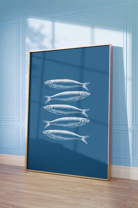 Sardines Navy Minimalist Coastal Fish Line Kitchen Beach Wall Art